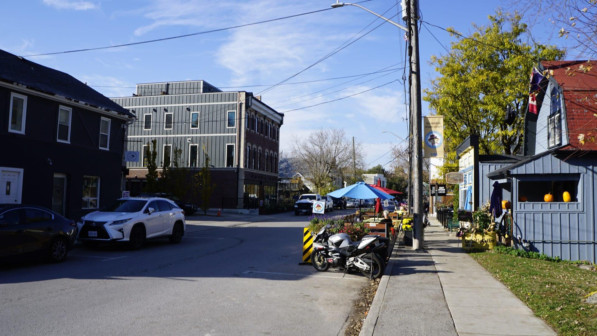 Shops and older buildings along Main Street in Schomberg in the fall